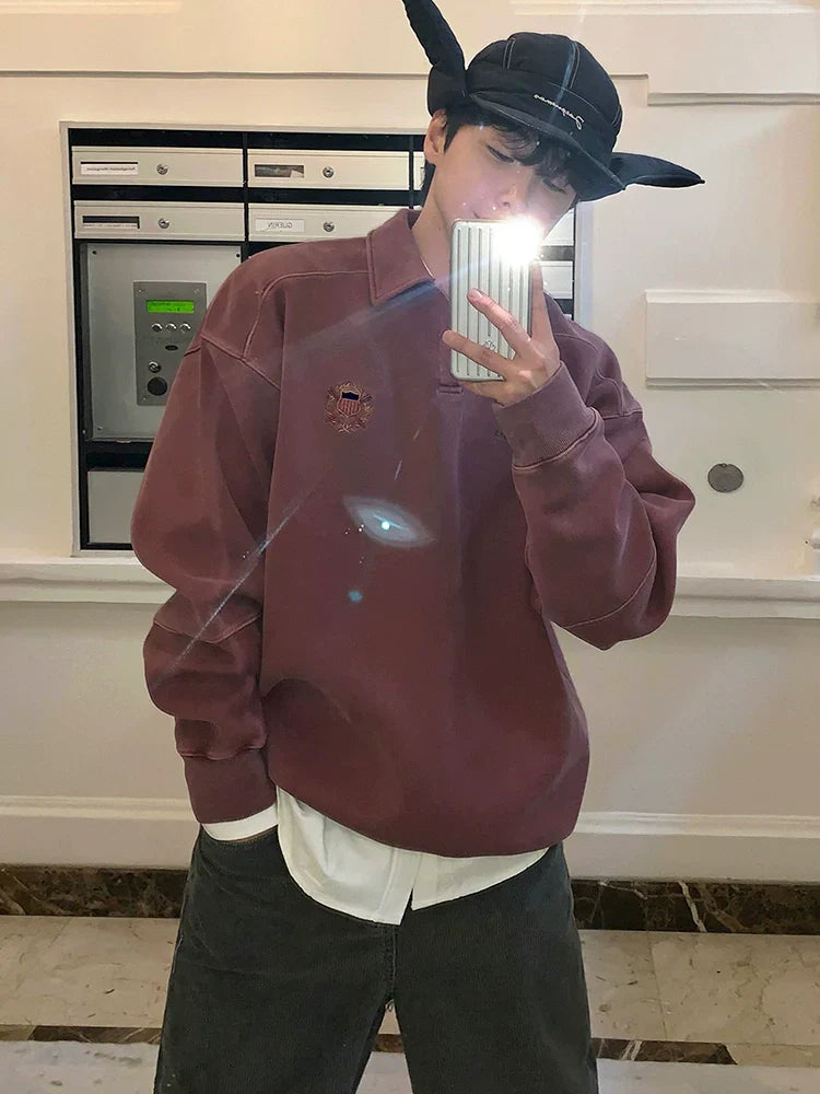 Embroidered Lapel Pullover Long Sleeve Polo Shirt