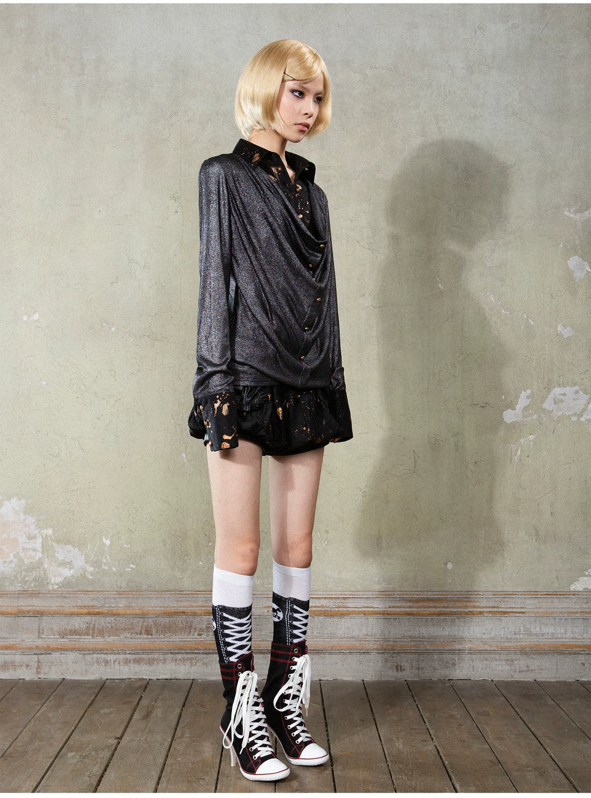 V-Neck Fake Layered Patchwork Long Sleeve Shirt