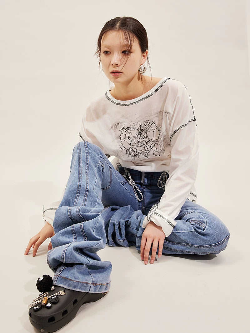 Hand-Drawn Rabbit Print Long Sleeve T-Shirt
