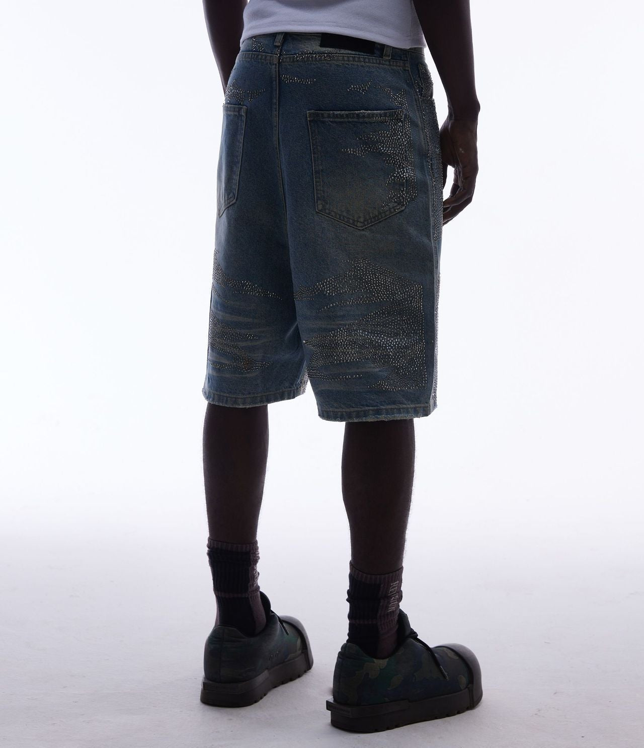 Rhinestone Camouflage Wash Denim Jort