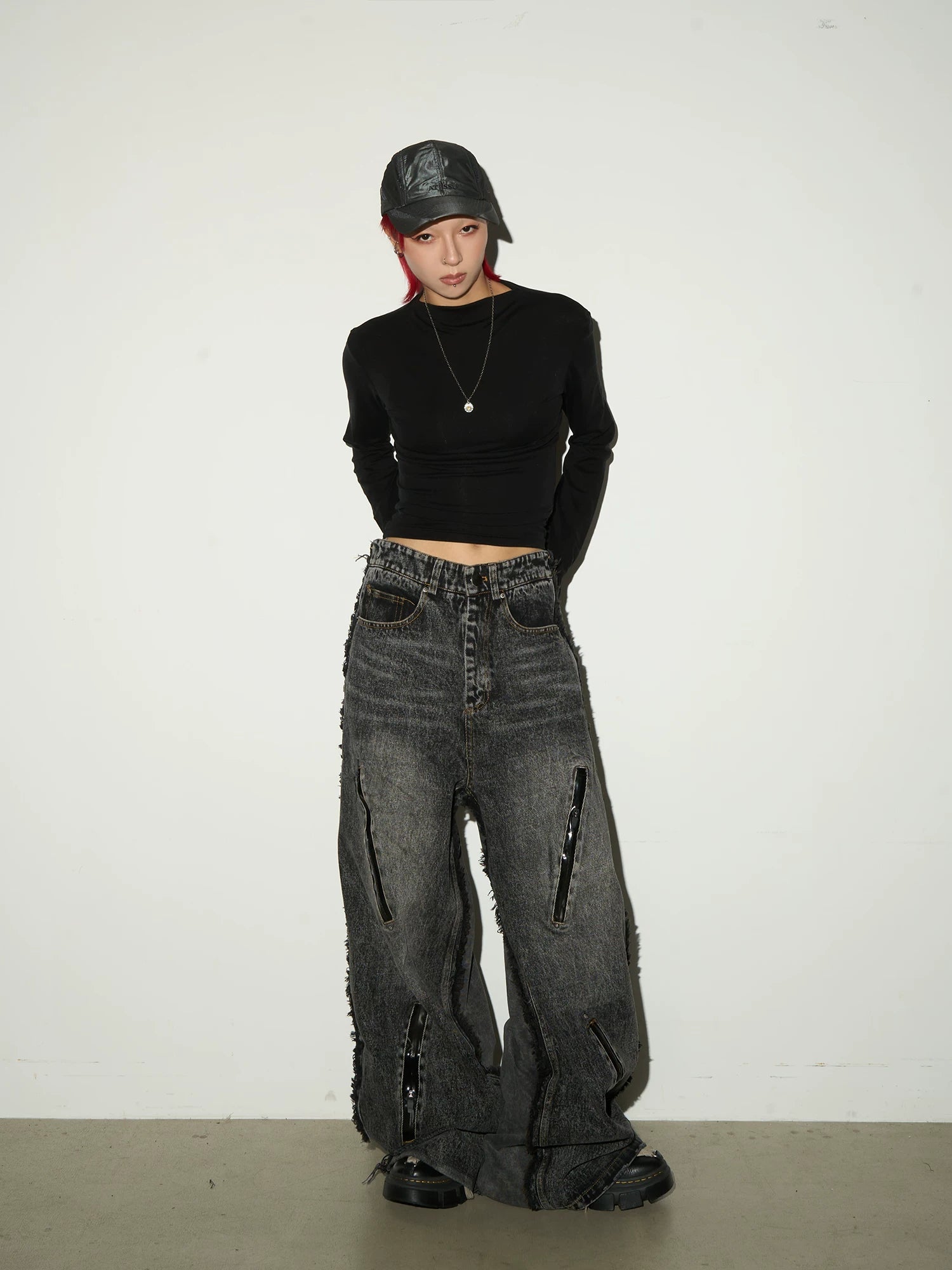Washed Fray Zipper Detail Wide Leg Denim Jeans