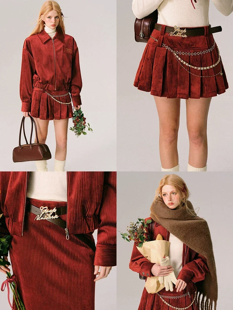 Ensemble veste zippée en velours, jupe courte plissée et jupe sirène