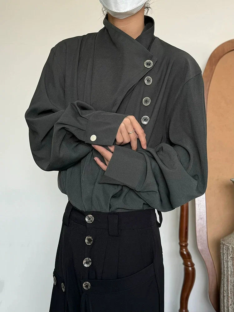 Standing-Collar Irregular Neckline Elegant Long Sleeve Shirt