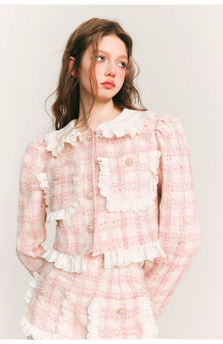 Lace Plaid Cropped Jacket & Short Lace Skirt Setup