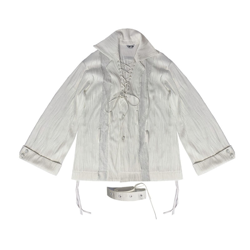 Ruched Textured Strap Detail Long Sleeve Shirt