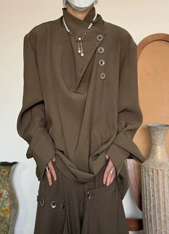 Standing-Collar Irregular Neckline Elegant Long Sleeve Shirt