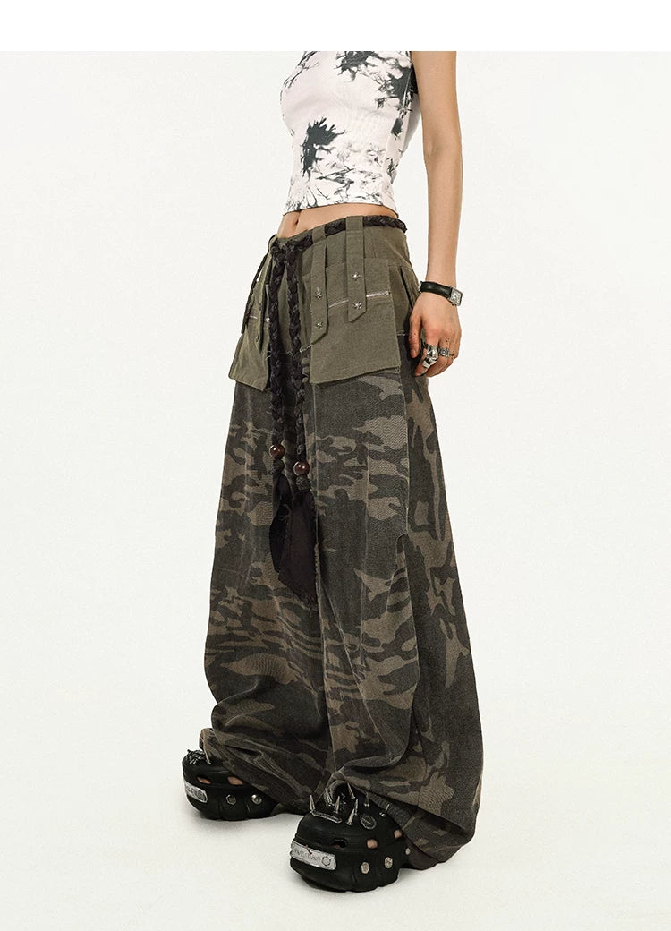 Heavy Craft Camouflage Multi-Pocket Wide Leg Cargo Pants