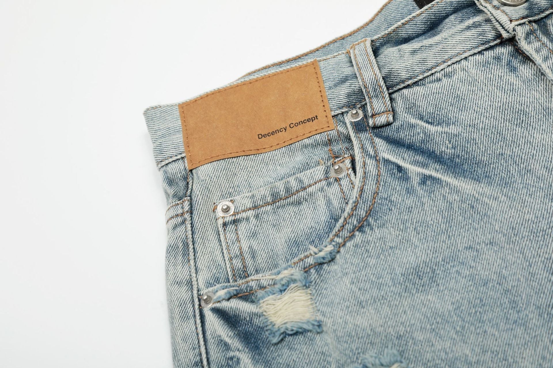 Wash Damage Wide Leg Curved Denim Jeans