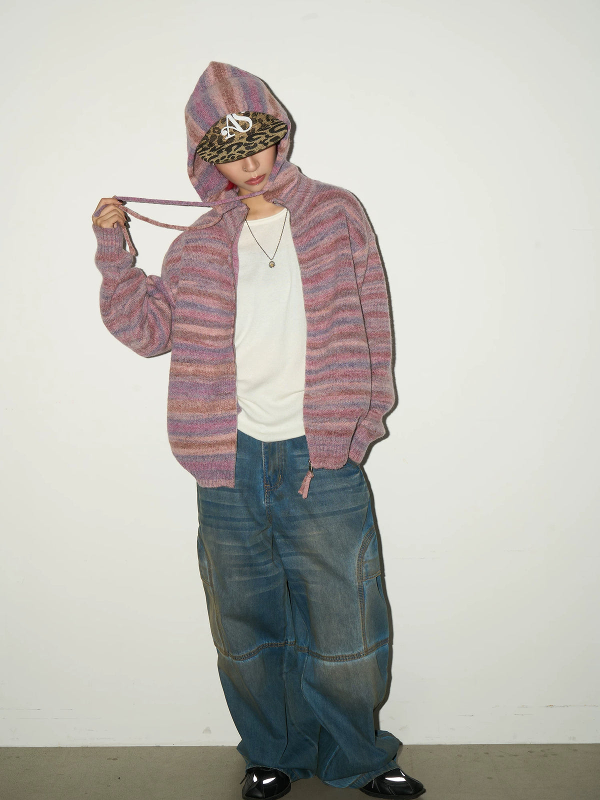 Stripe Hooded Zipper Knit Cardigan