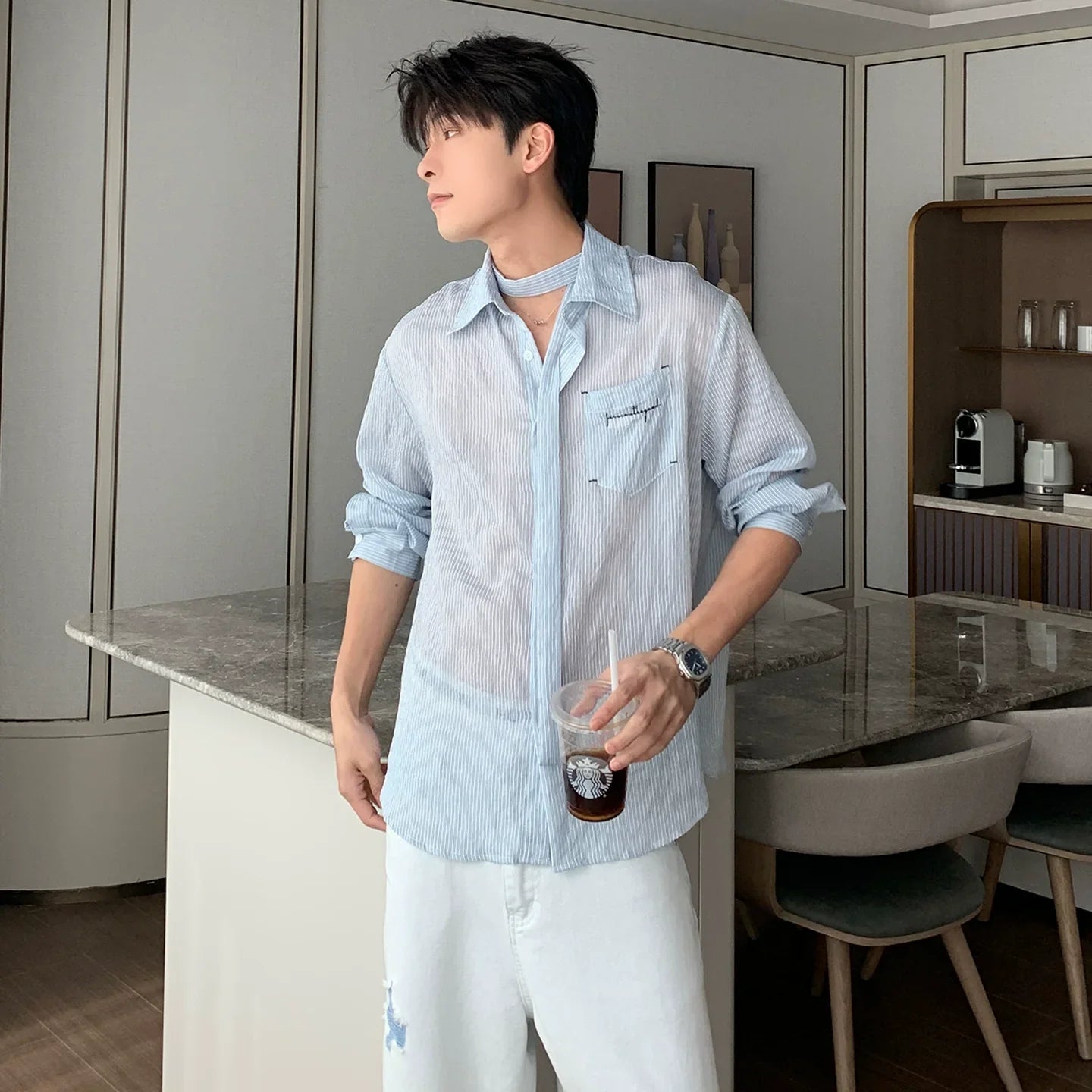 Thin Stripe Sunscreen Long Sleeve Shirt