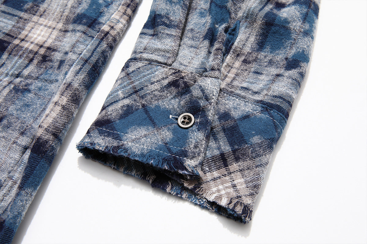 Plaid Washed Fringe Long Sleeve Shirt