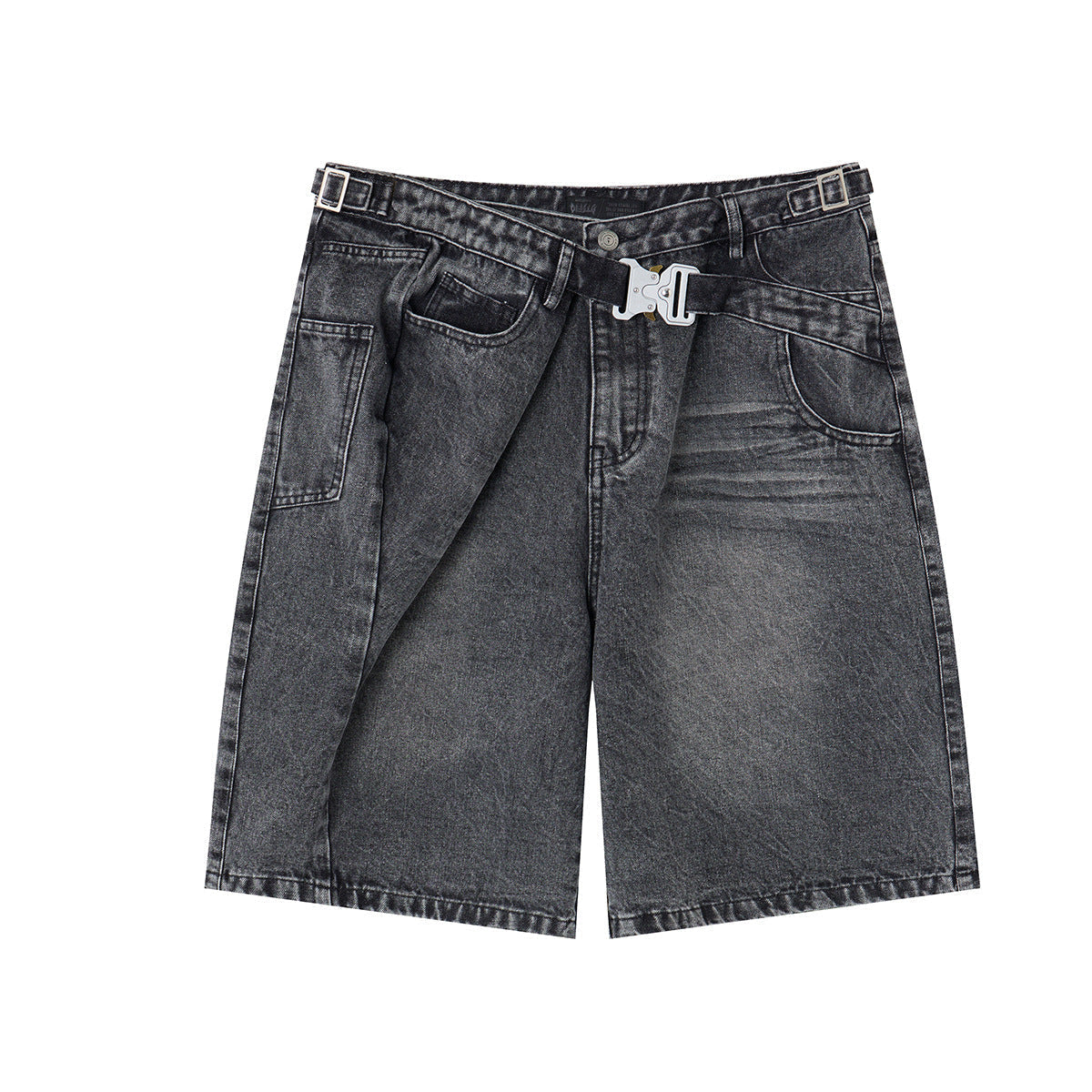 Washed Whisker Metal Buckle Denim Jort