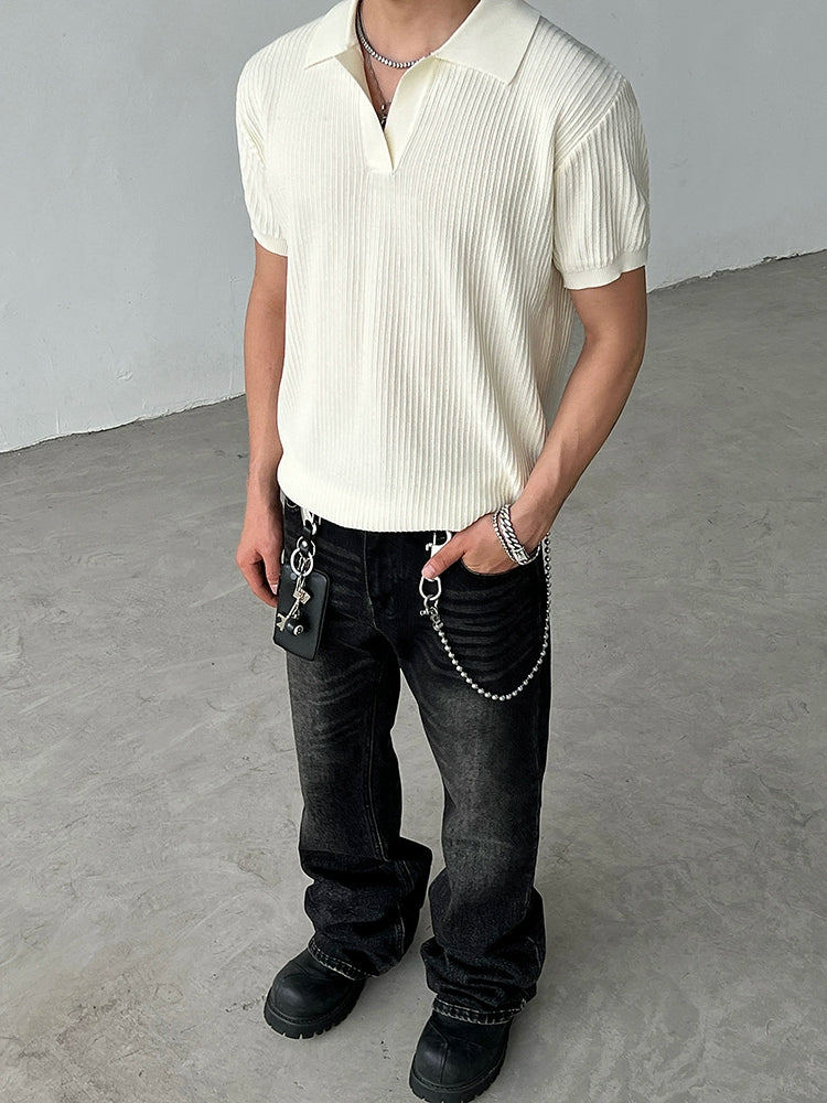 Striped Textured Summer Knit Short Sleeve Polo Shirt