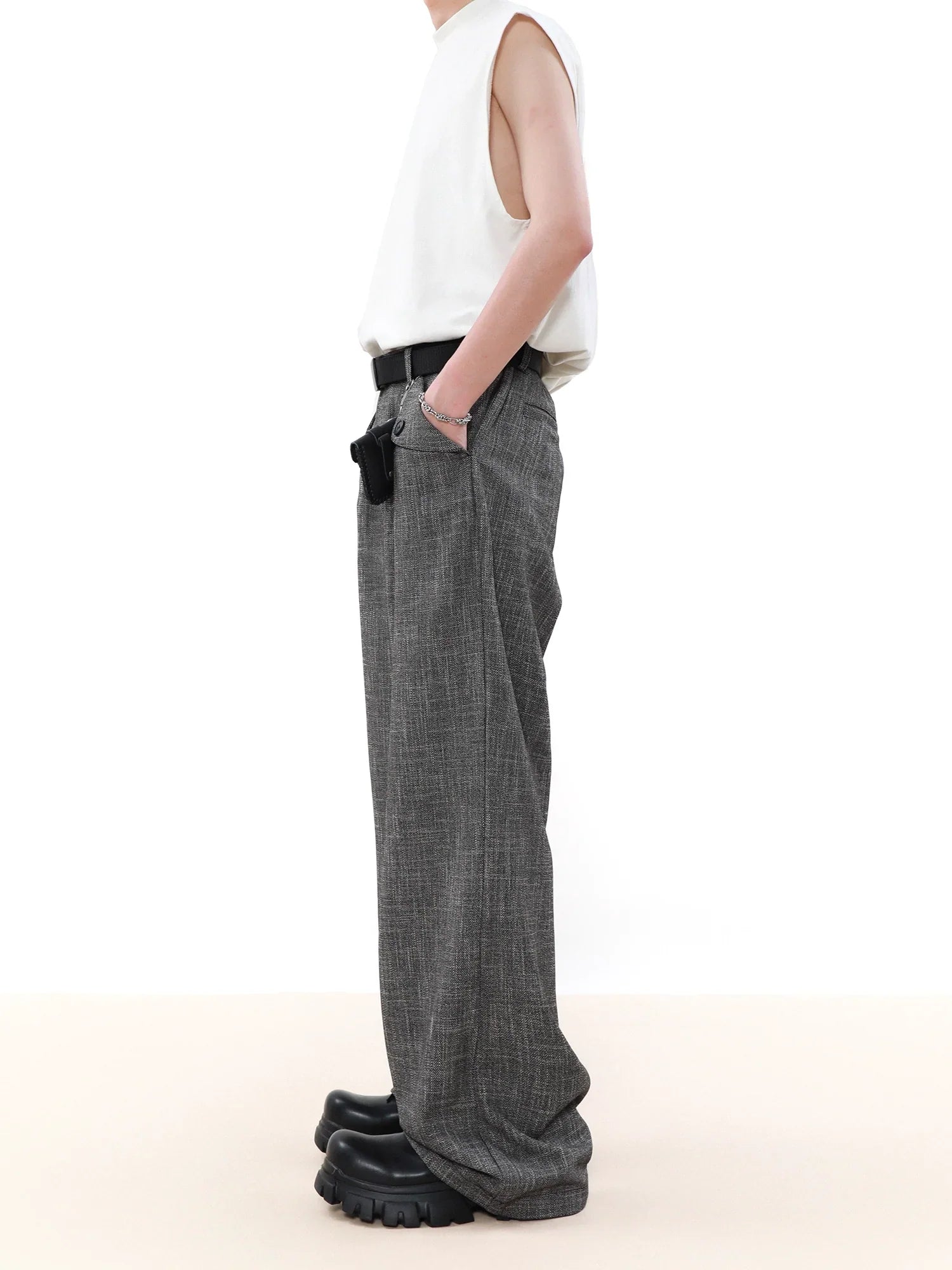 Flip Pocket Design Wide-Leg Straight Trousers