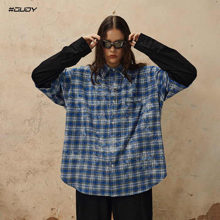 Plaid Fake Layered Letter Embroidery Dyeing Long Sleeve Shirt