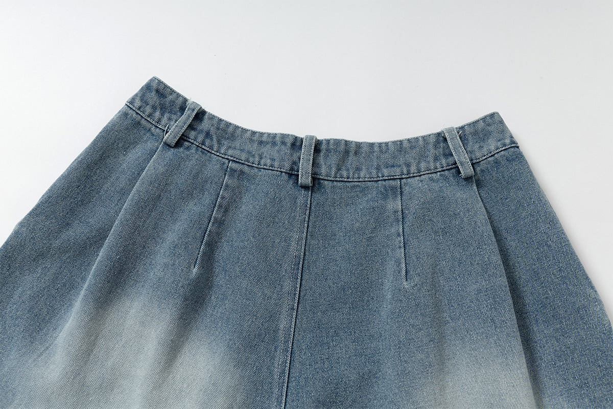 Lace-Up Washed Wide Leg Denim Short Pants