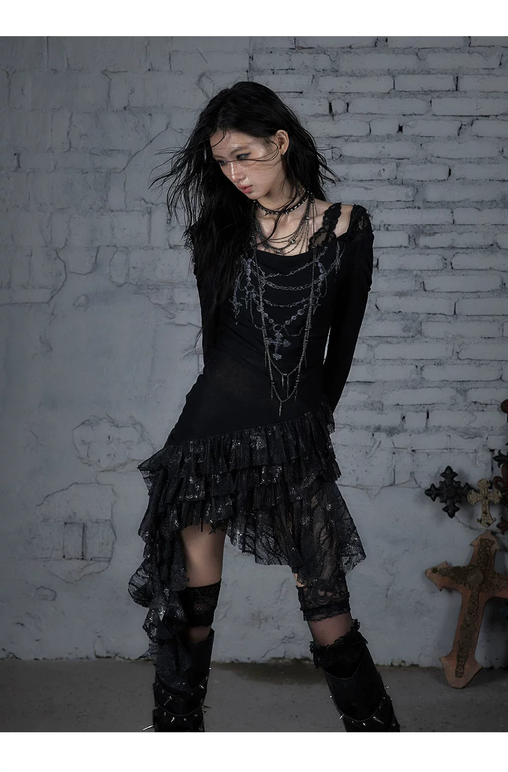 Lace Hooded Asymmetric Ruffle Dress
