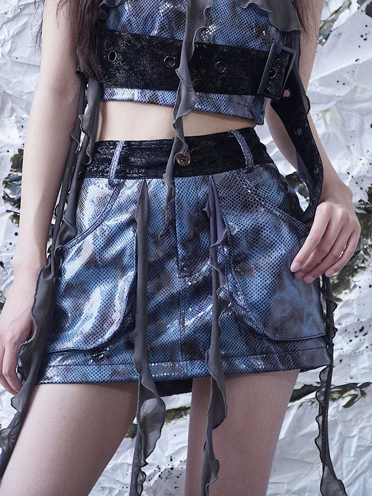 Fringe Patchwork PU Leather Skirt