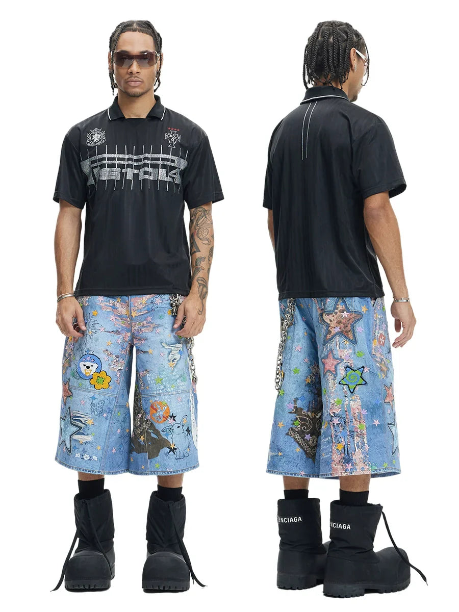 Digital Cartoon Print Denim Half Jeans