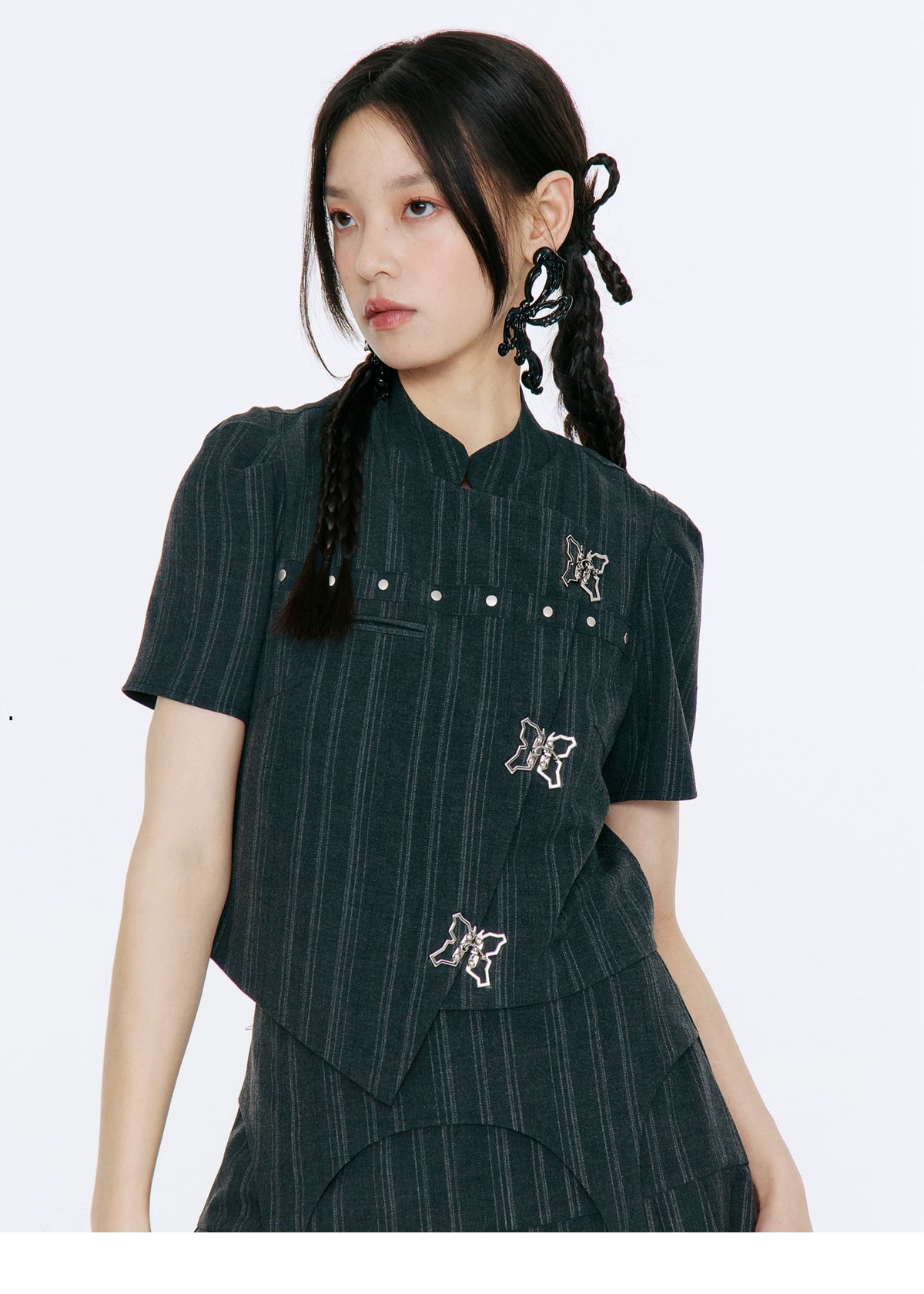 Bow Detail Pinstripe Cropped Shirt & Pleated Skirt Setup