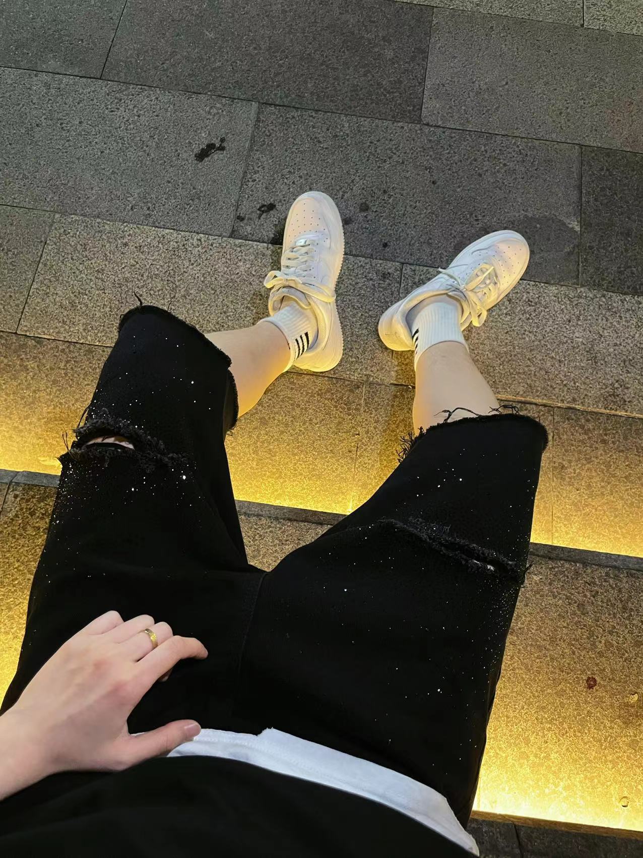 Rhinestone Damage Denim Half Jeans