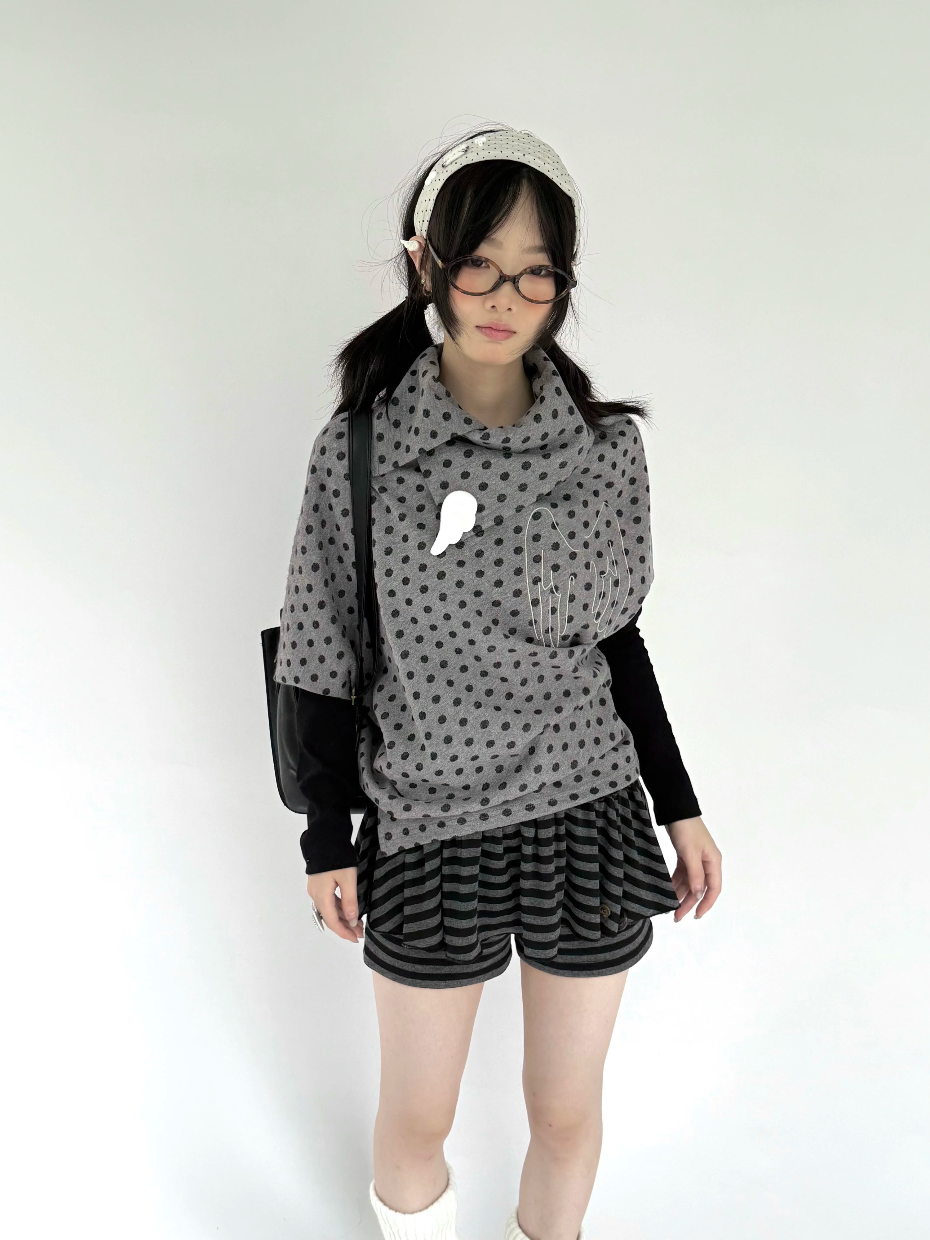 Asymmetric Polka Dot Fitted Long Sleeve T-Shirt
