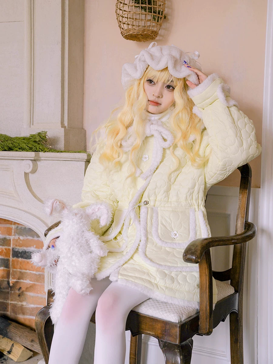 Flower Plush Bow Tie Puffer Jacket