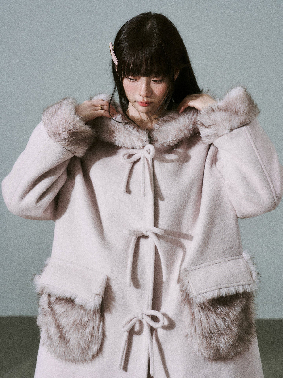 Bow Detail Fake Fur Trim Coat