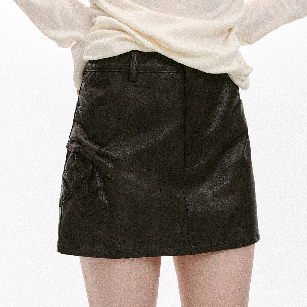 Bow Detail Leather Skirt