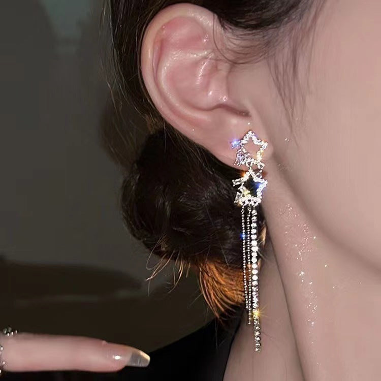 New Net Red Tassel Earrings Hollow Star Earrings Niche Design Double Five-Pointed Star Stud Earrings Premium Earrings