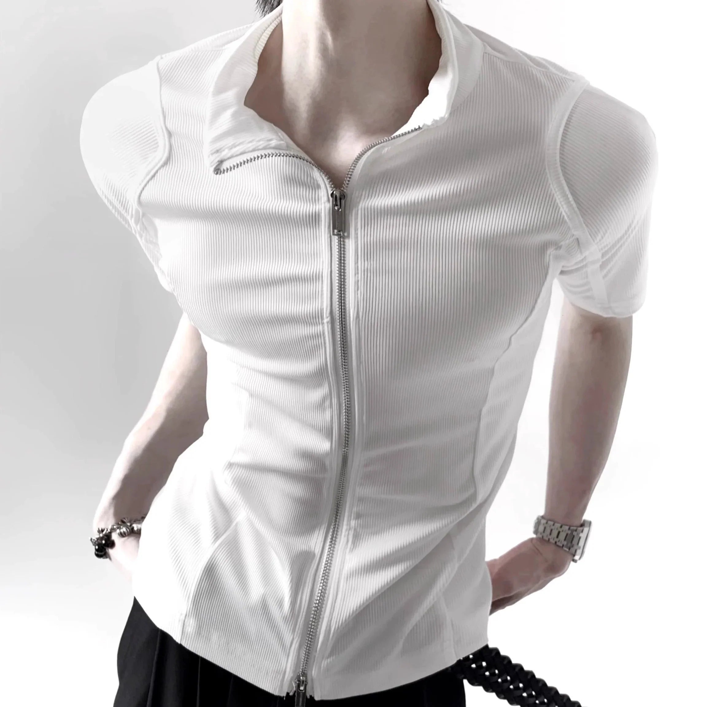 Plain Zip-Up Short Sleeve Shirt