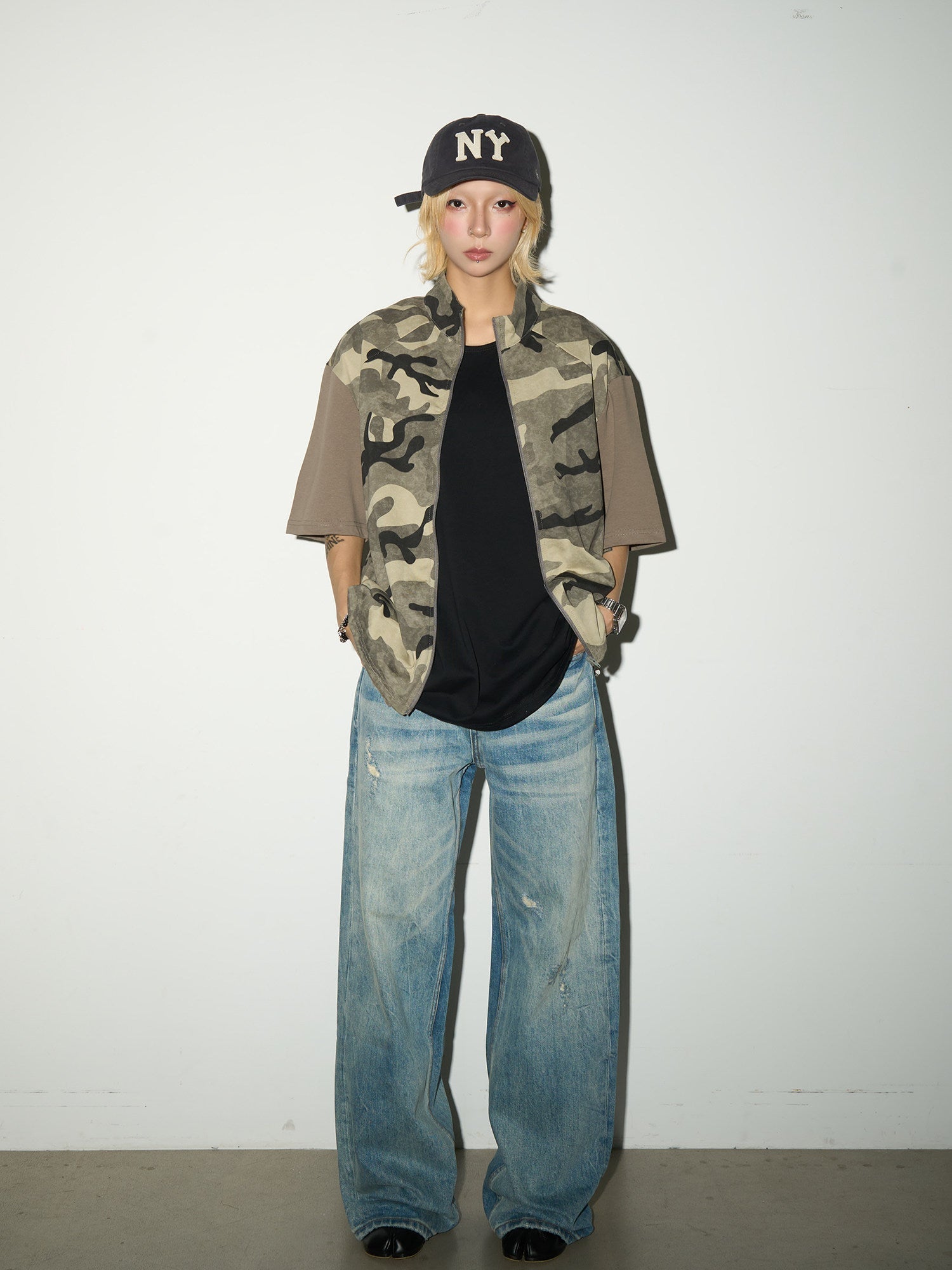 Wash Damage Straight Denim Jeans