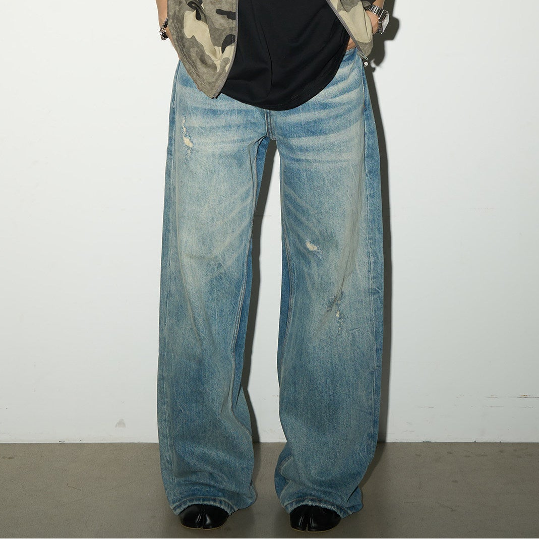 Wash Damage Straight Denim Jeans