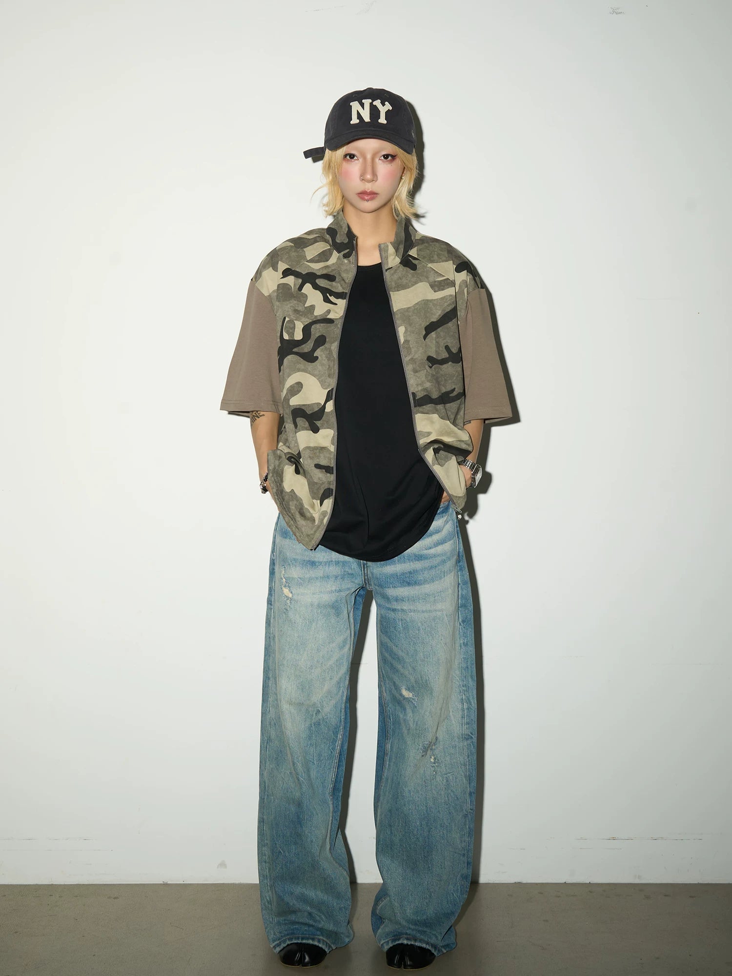Wash Damage Straight Denim Jeans