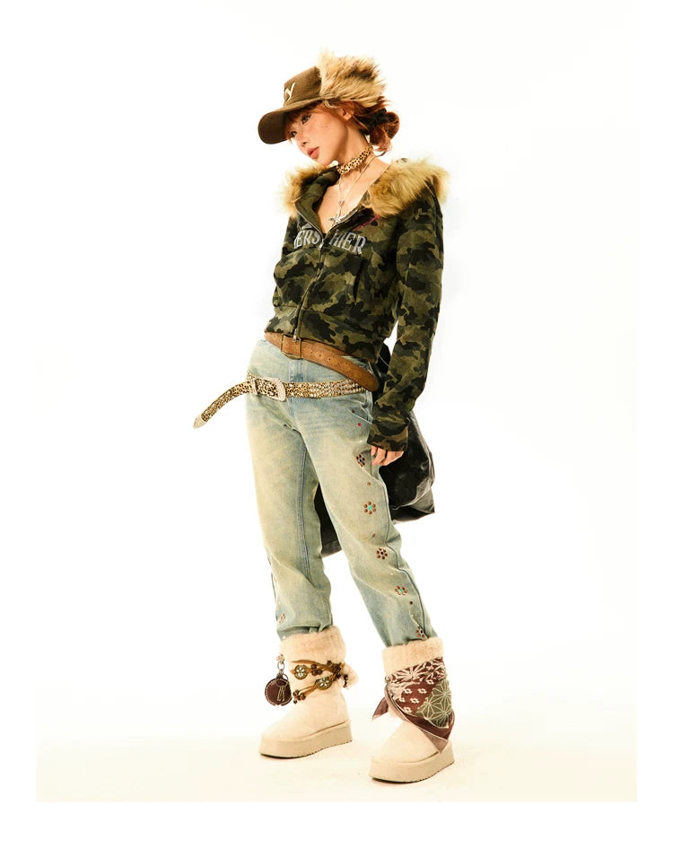 Camouflage Fake Fur Trim Star Patch Zipper Hooded Jacket