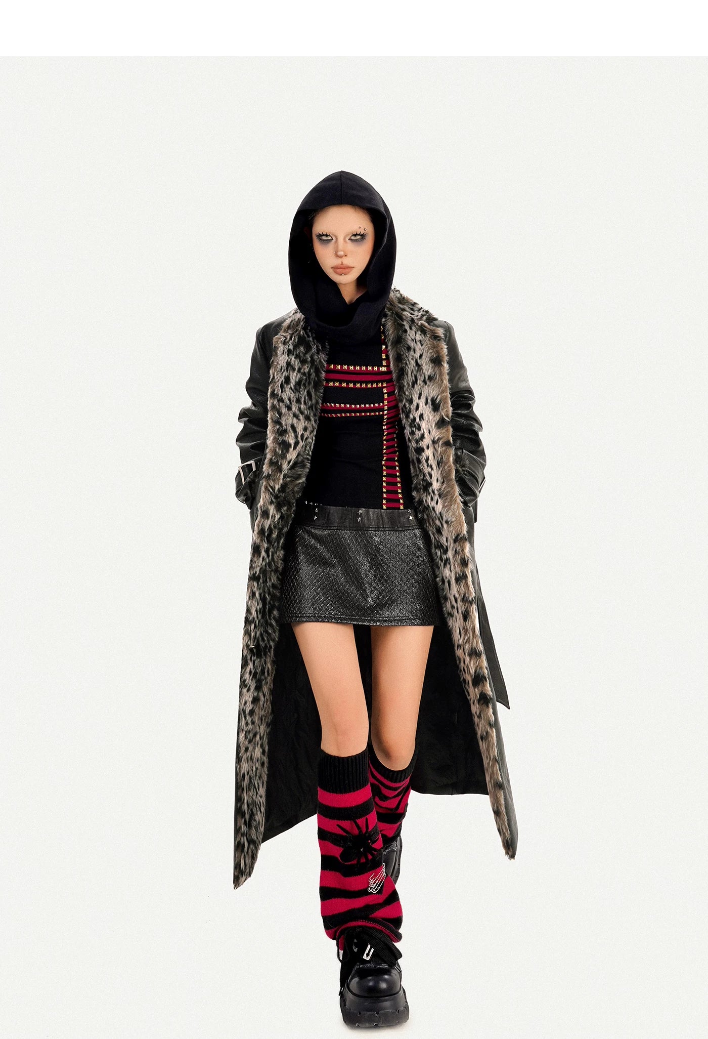 Leopard Print Fake Fur Collar Oversize Coat