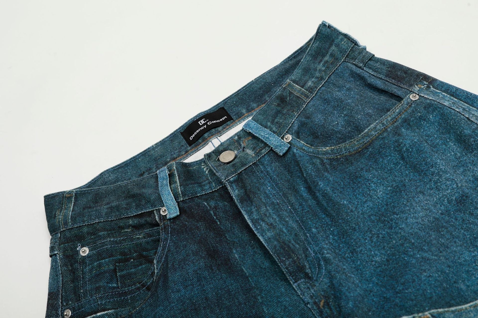 Washed Irregular Print Wide Leg Curved Denim Jeans