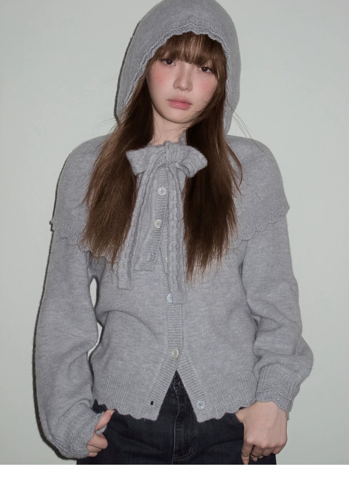 Ruffled Collar And Bow Detail Knit Cardigan