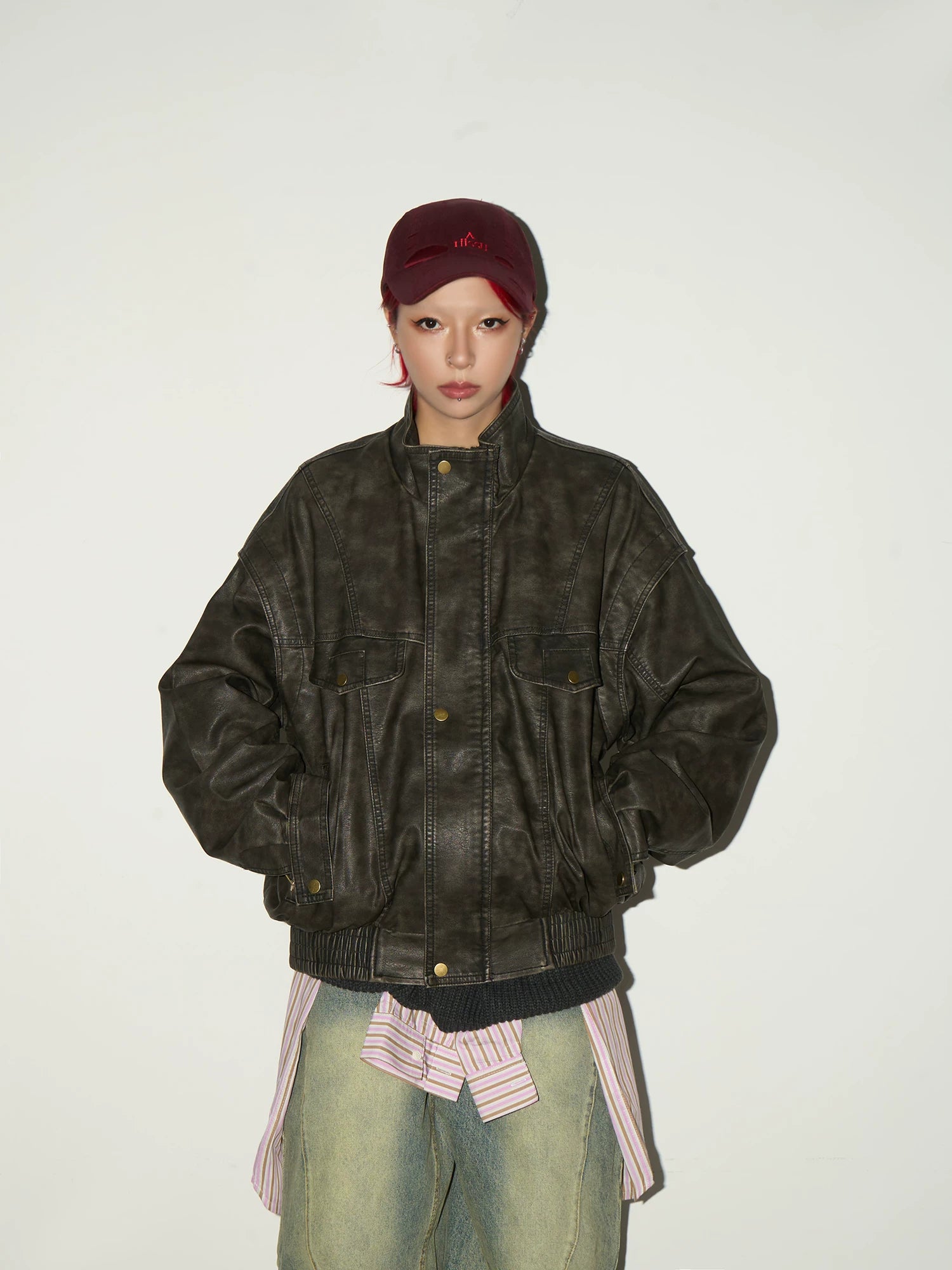 PU Leather Stand Collar Oversize Jacket