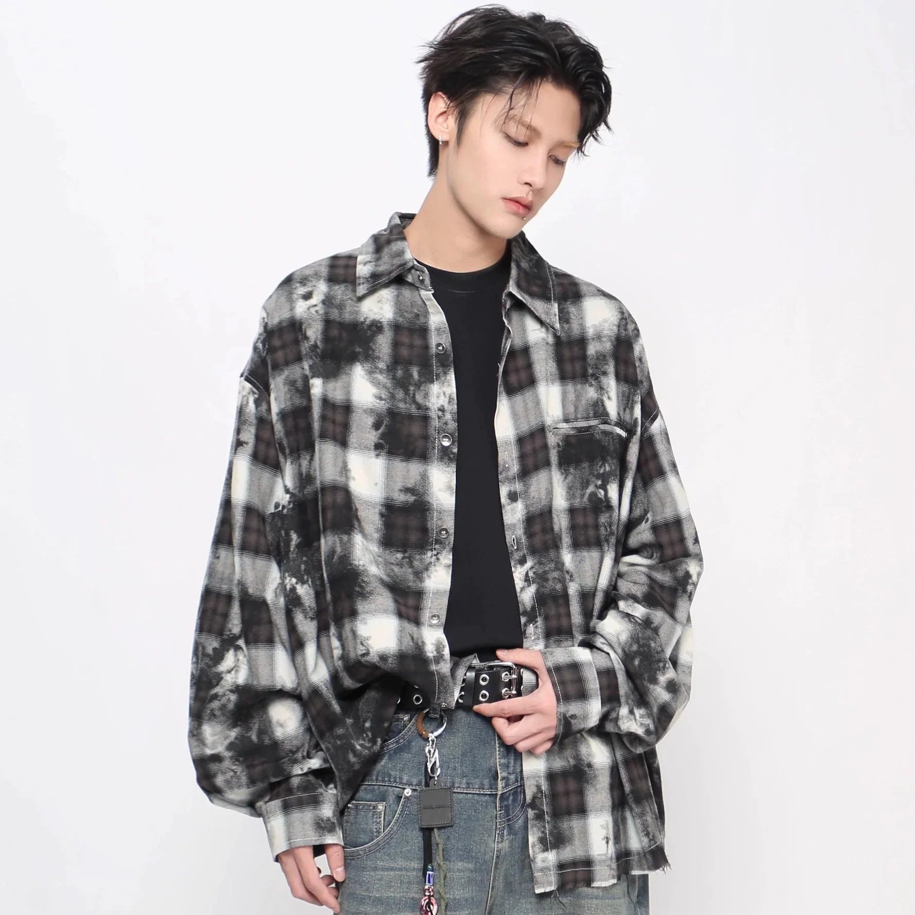 Tie-Dye Plaid Whisker Hem Long Sleeve Shirt