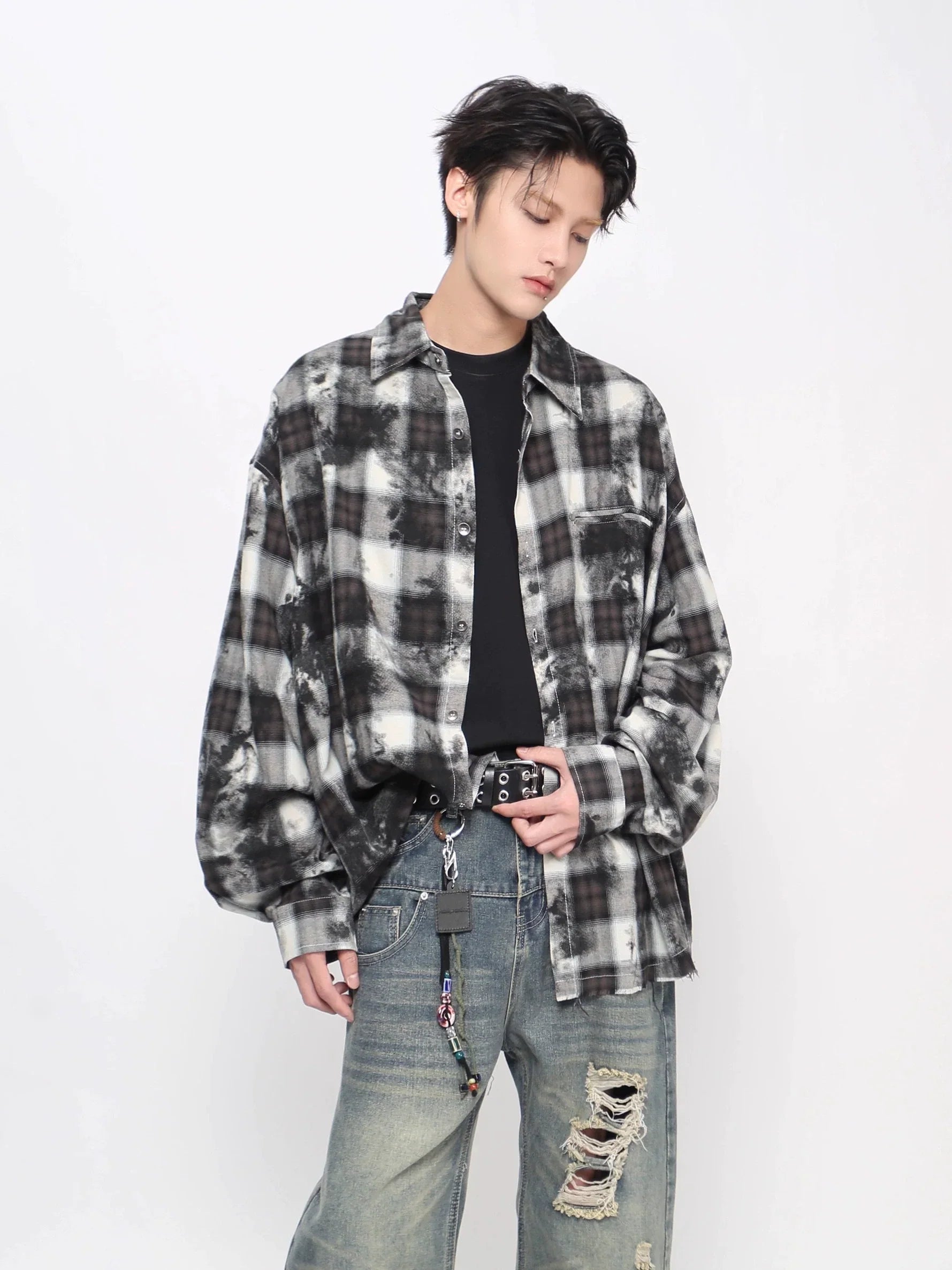 Tie-Dye Plaid Whisker Hem Long Sleeve Shirt
