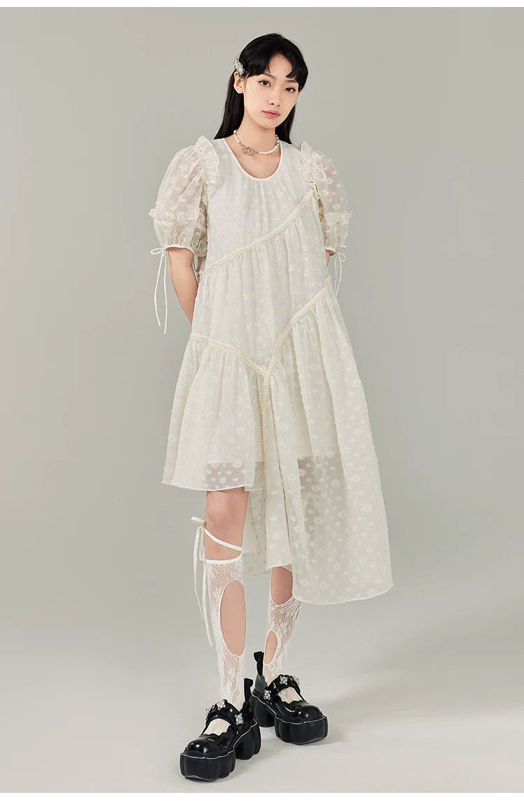 Jacquard Design Short Sleeve Dress With Irregular Hem Length