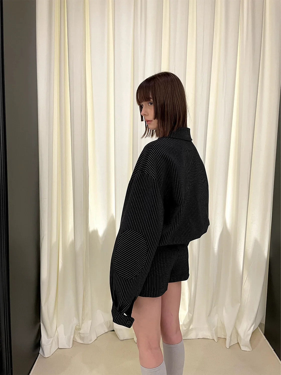 Stripe Polo Collar Jacket & Pleated Short Skirt Setup