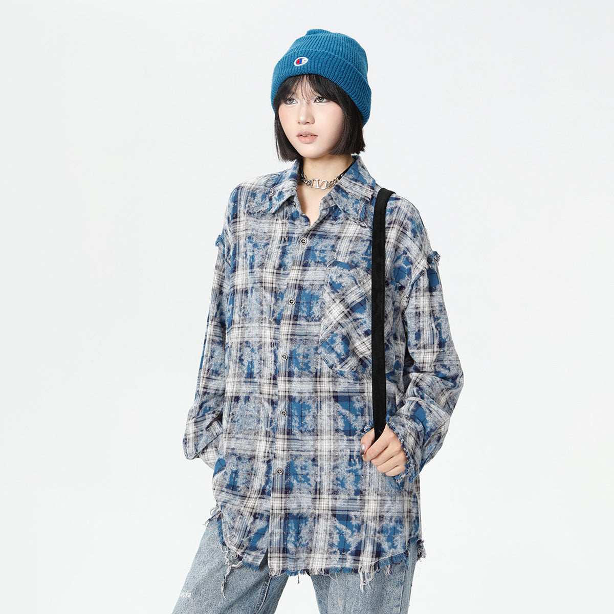 Plaid Washed Fringe Long Sleeve Shirt
