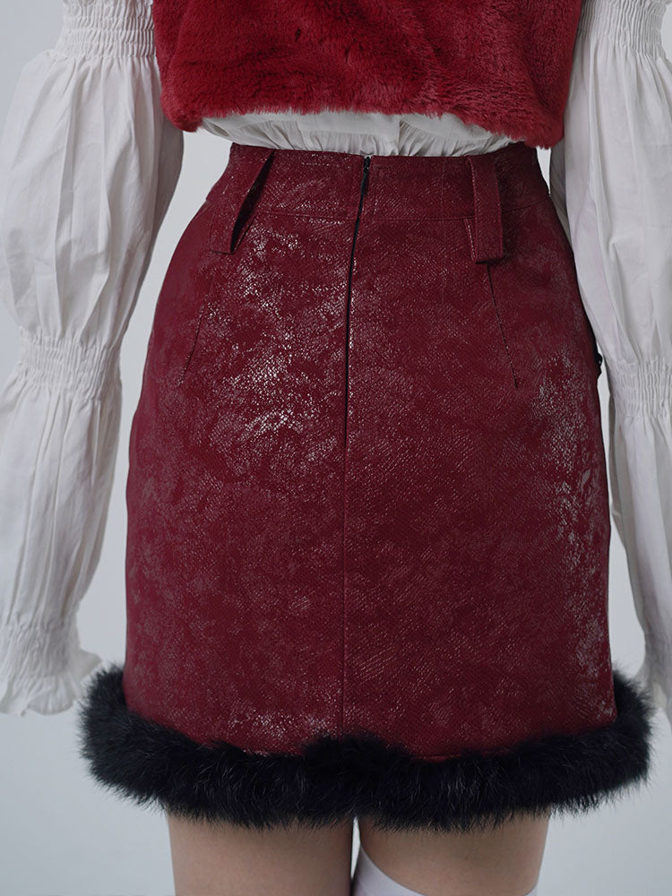 Fur Patchwork Tie-Strap PU Leather Skirt