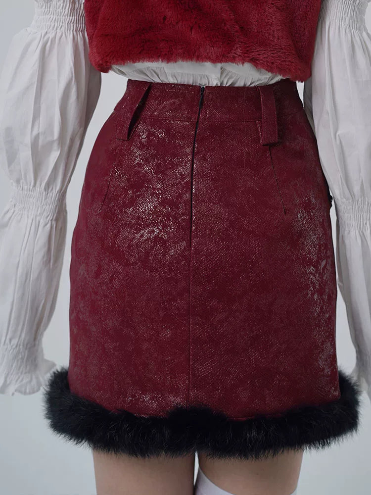 Fur Patchwork Tie-Strap PU Leather Skirt