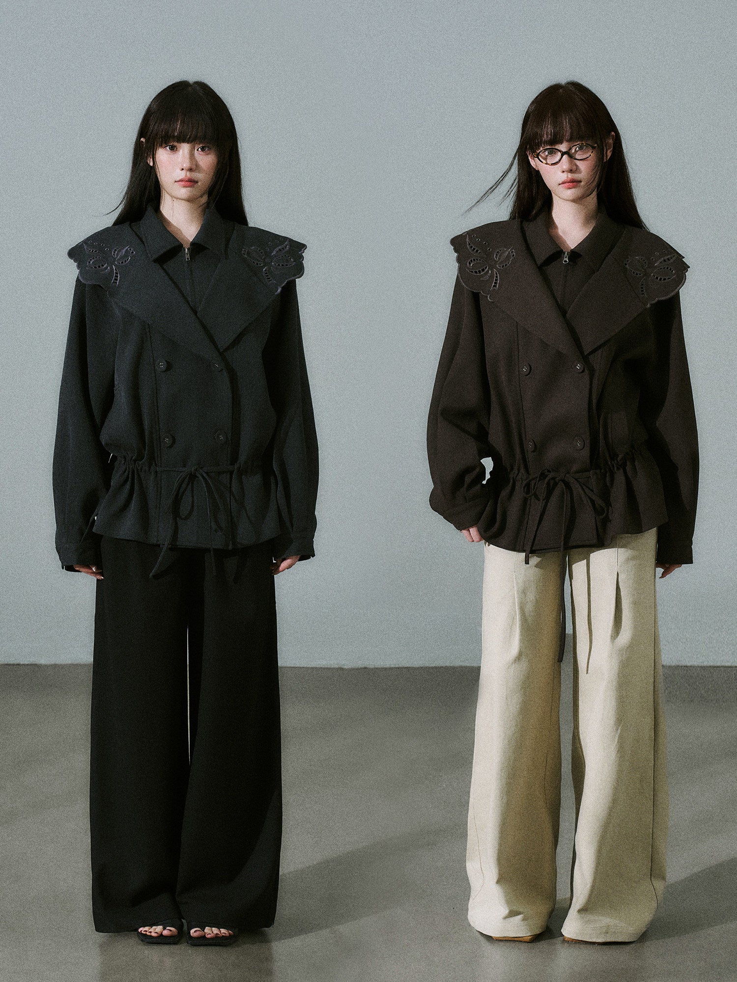 Embroidery Collar Drawstring Waist Double-Breasted Jacket