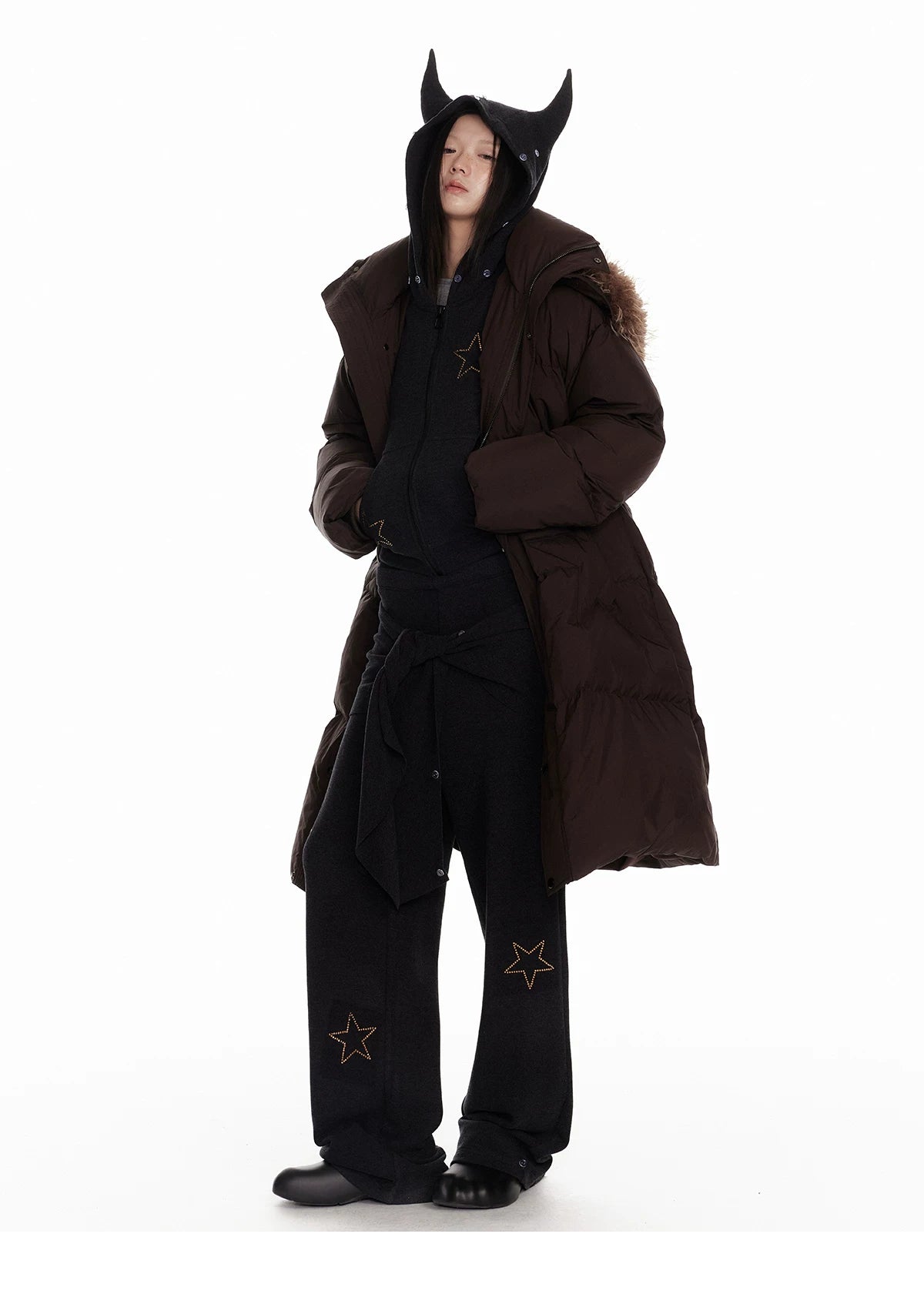 Horn Fur Collar Fuzzy Zipper Hoodie & Wide-Leg Pants Setup