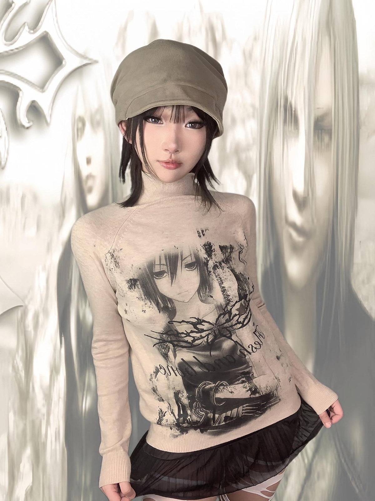 Anime-Style High-Neck Lightweight Knit Sweater