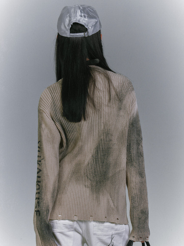 Washed Damage Graffiti Design Oversize Knit Cardigan